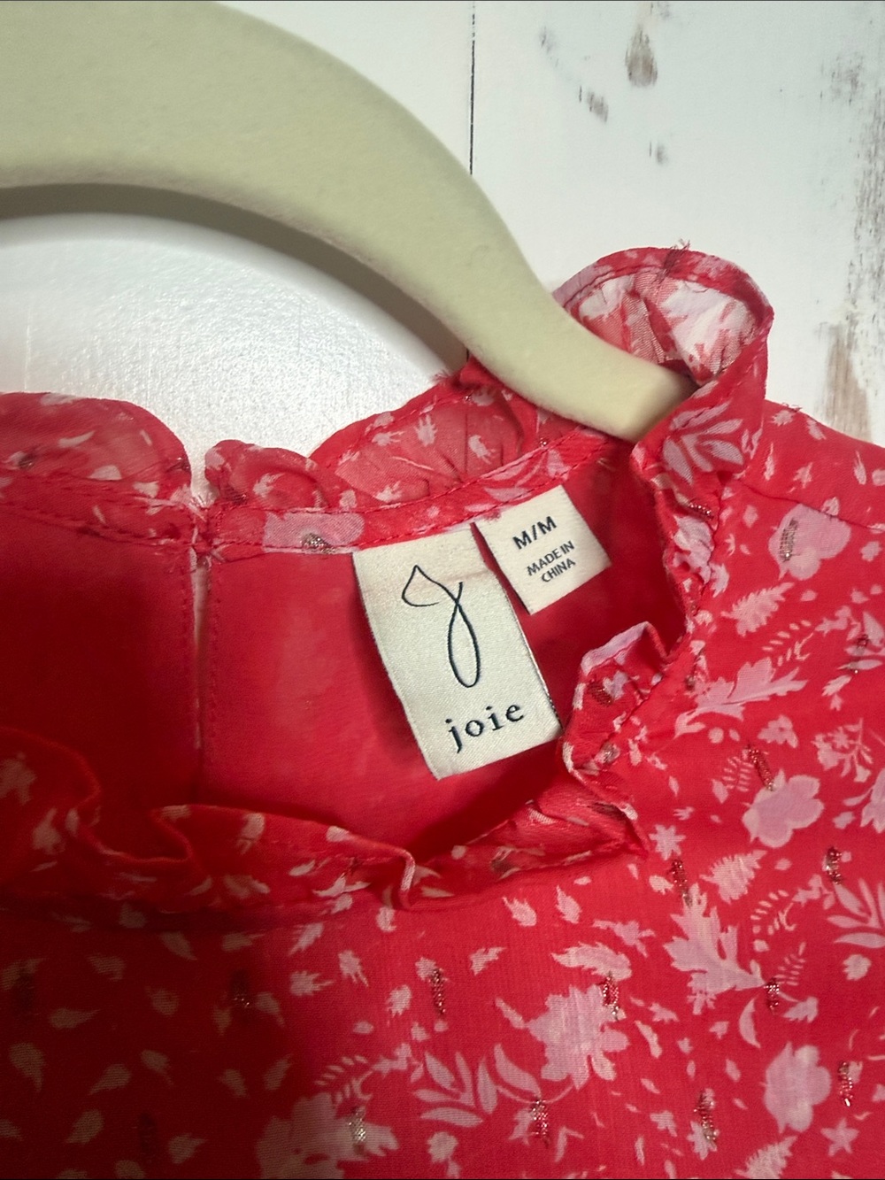 Joie Red-Pink Floral Ruffle Neck Blouse - Picture 6 of 11